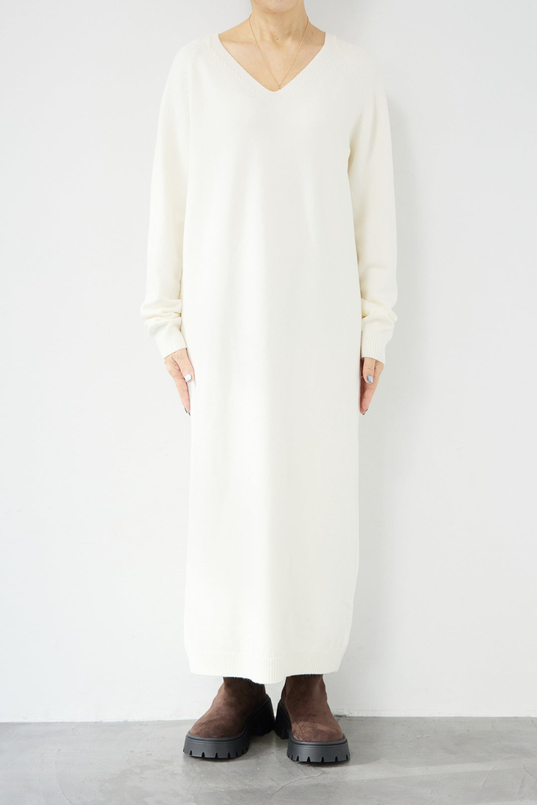 [SET]Vネック ロングニットワンピース+レオパードストール(2set)