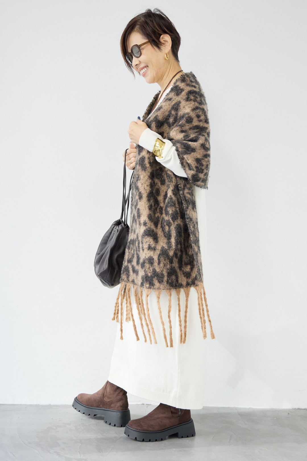 [SET]Vネック ロングニットワンピース+レオパードストール(2set)