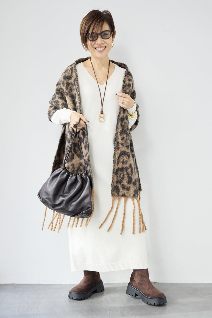 [SET]Vネック ロングニットワンピース+レオパードストール(2set)