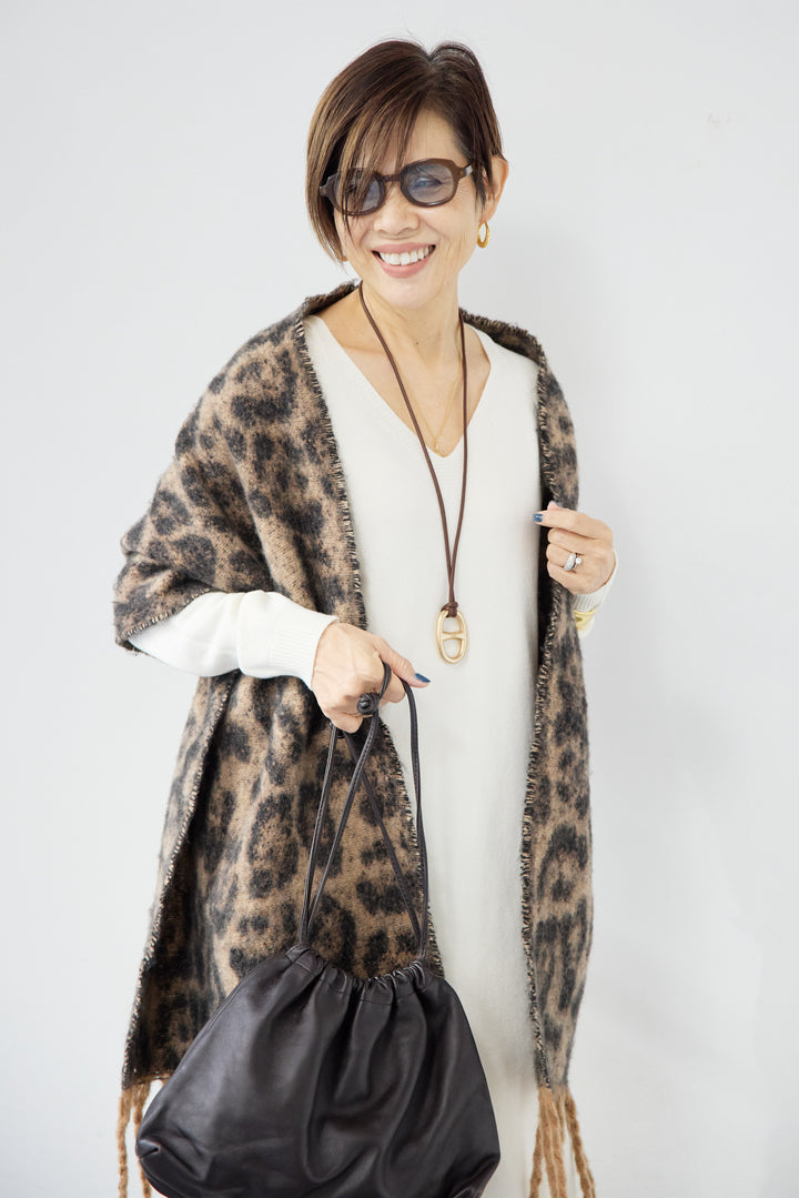 [SET]Vネック ロングニットワンピース+レオパードストール(2set)