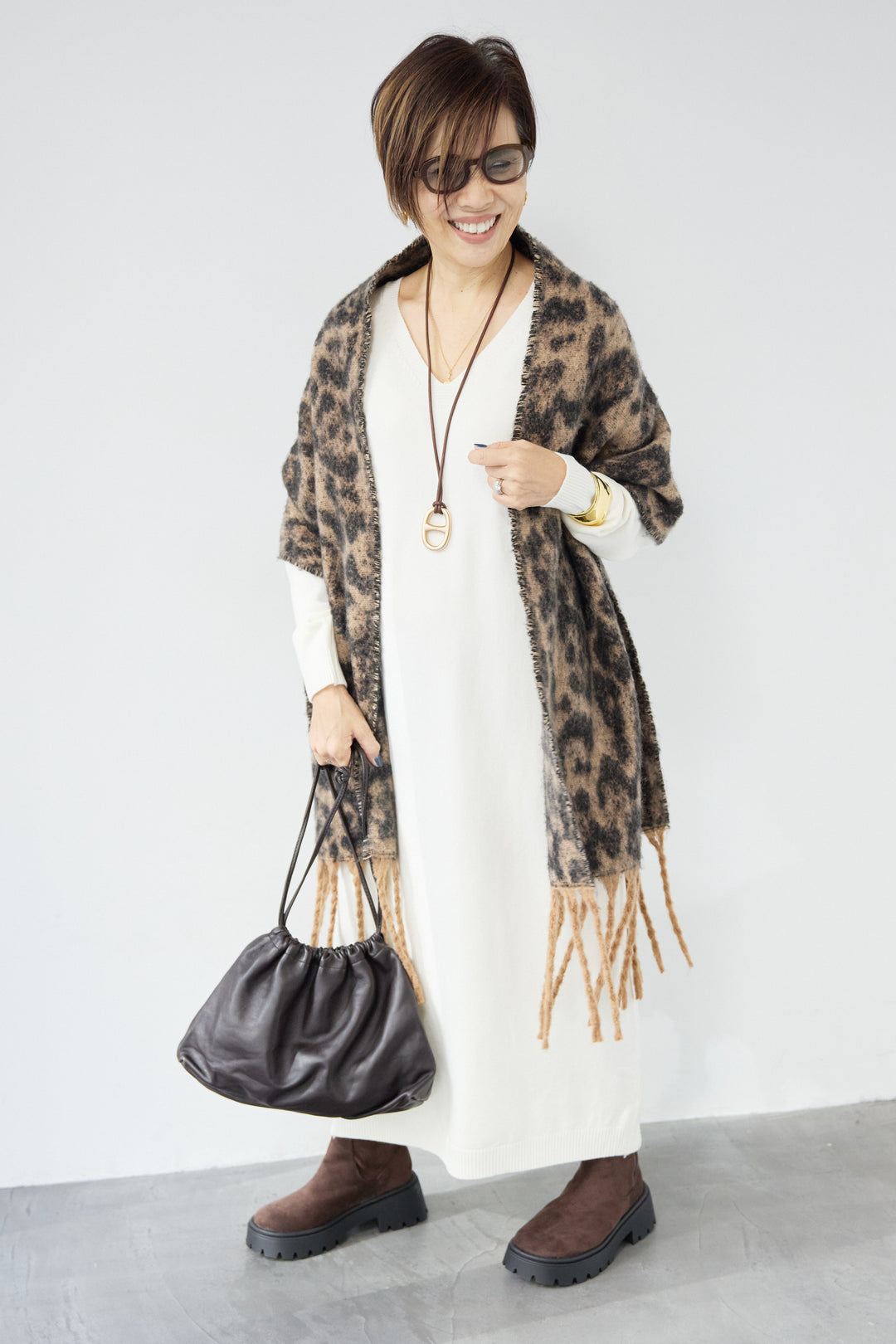 [SET]Vネック ロングニットワンピース+レオパードストール(2set)