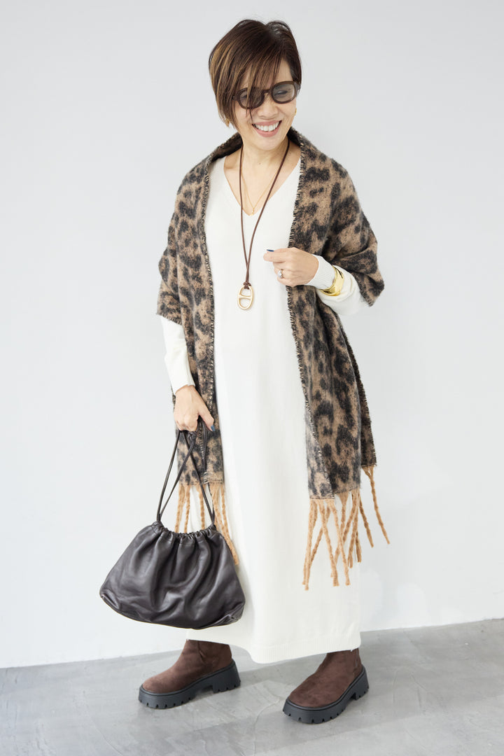 [SET]Vネック ロングニットワンピース+レオパードストール(2set)