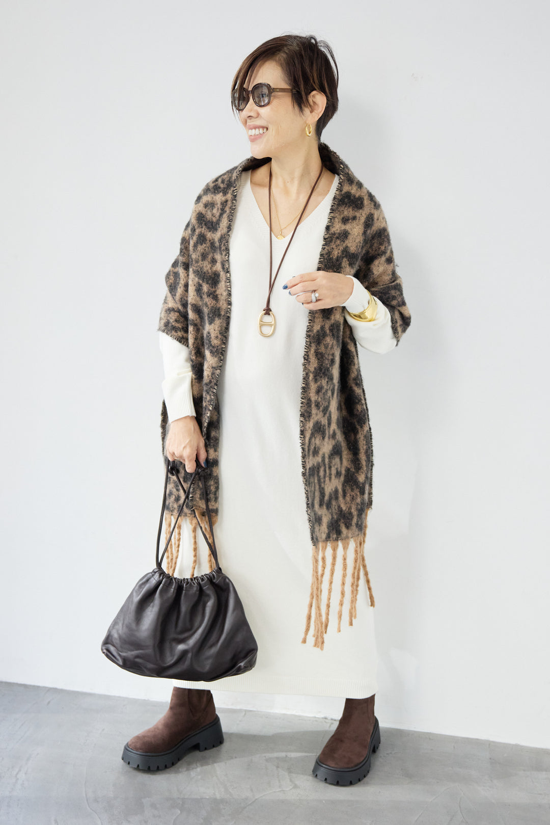 [SET]Vネック ロングニットワンピース+レオパードストール(2set)