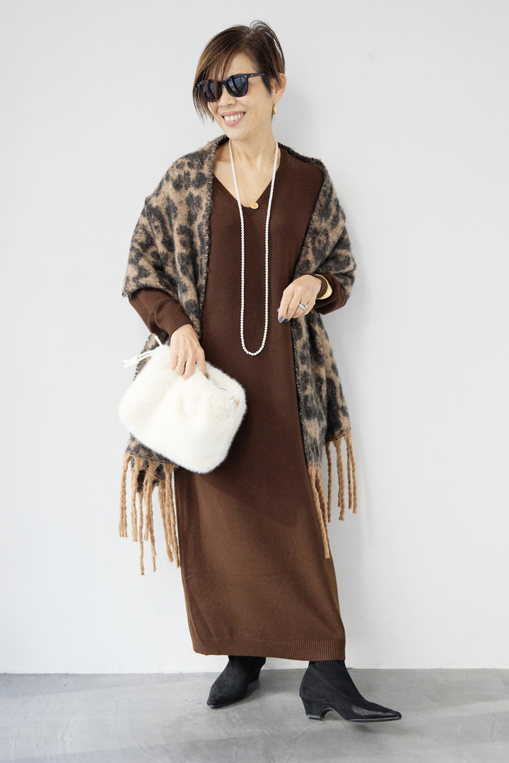 [SET]Vネック ロングニットワンピース+レオパードストール(2set)