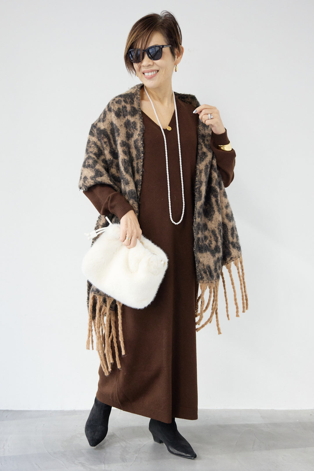 [SET]Vネック ロングニットワンピース+レオパードストール(2set)