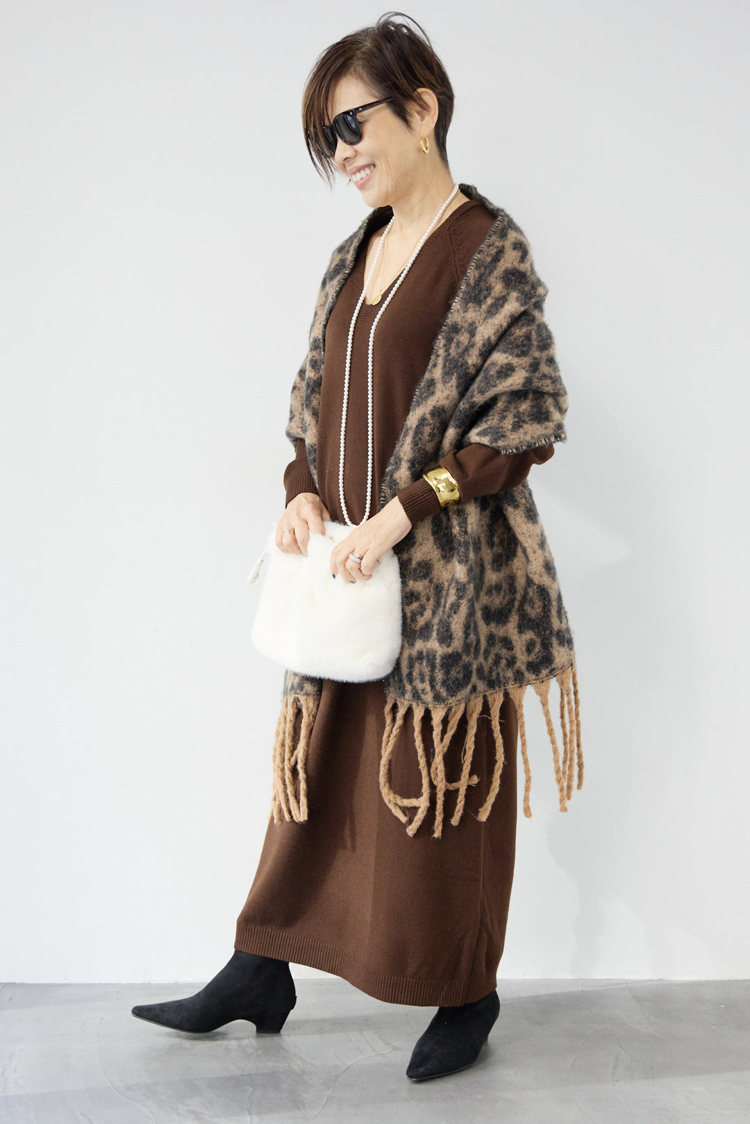 [SET]Vネック ロングニットワンピース+レオパードストール(2set)