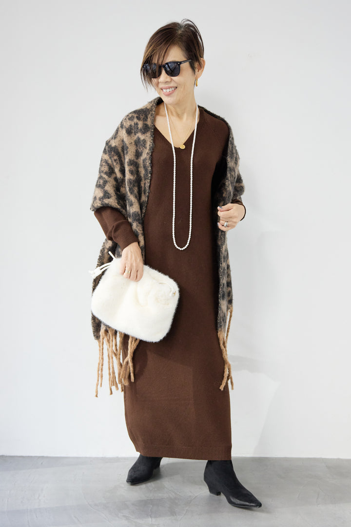 [SET]Vネック ロングニットワンピース+レオパードストール(2set)