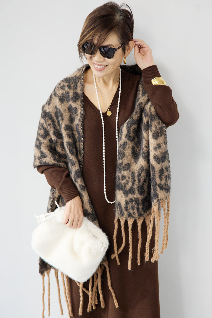 [SET]Vネック ロングニットワンピース+レオパードストール(2set)