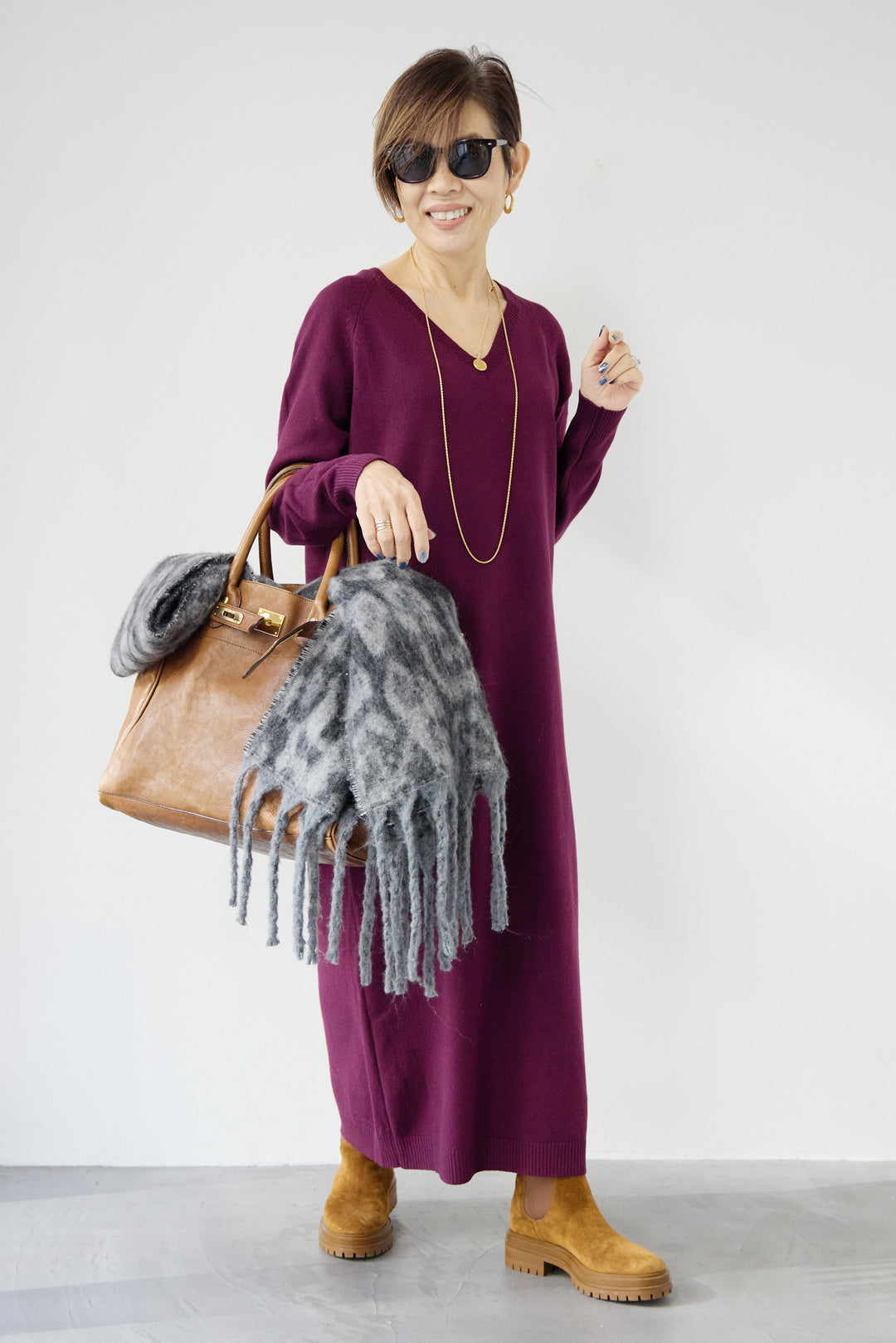 [SET]Vネック ロングニットワンピース+レオパードストール(2set)