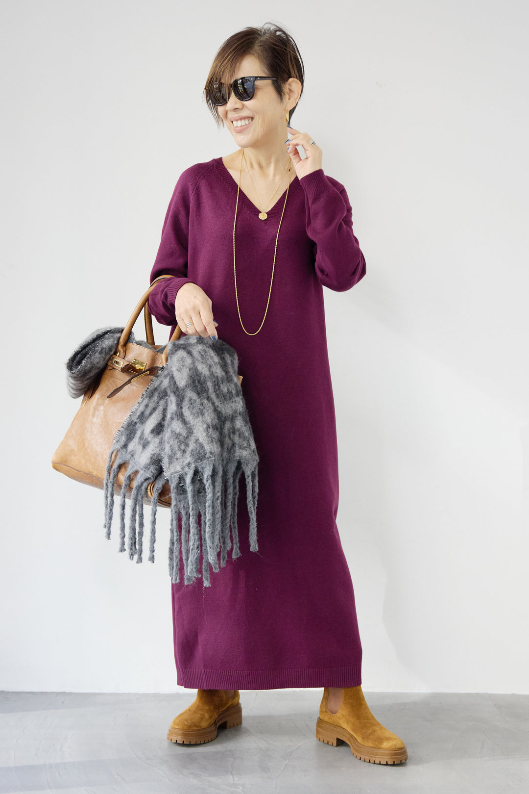 [SET]Vネック ロングニットワンピース+レオパードストール(2set)