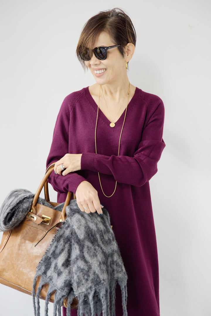 [SET]Vネック ロングニットワンピース+レオパードストール(2set)