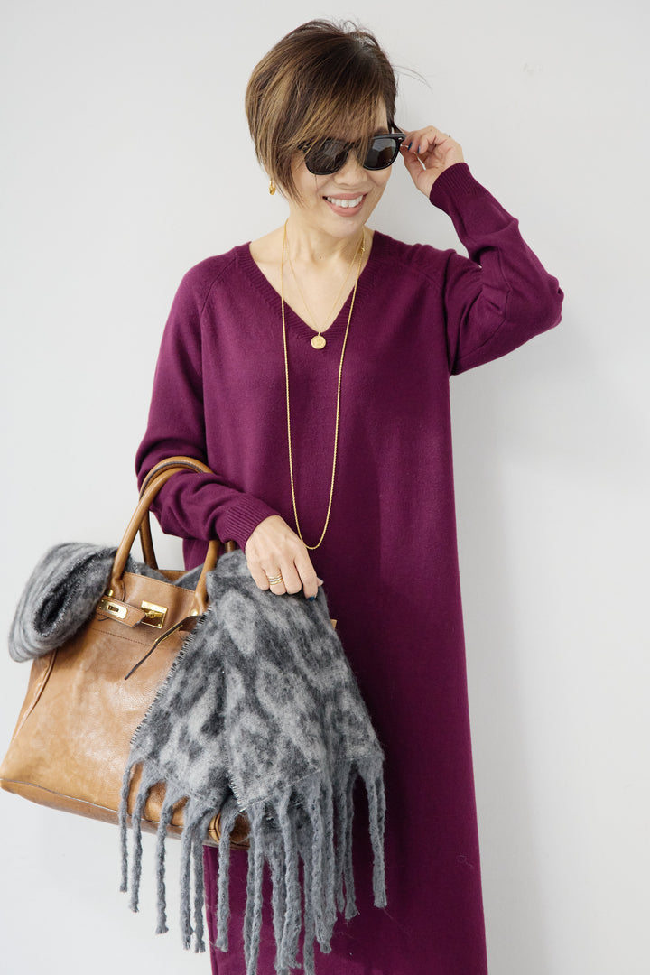 [SET]Vネック ロングニットワンピース+レオパードストール(2set)