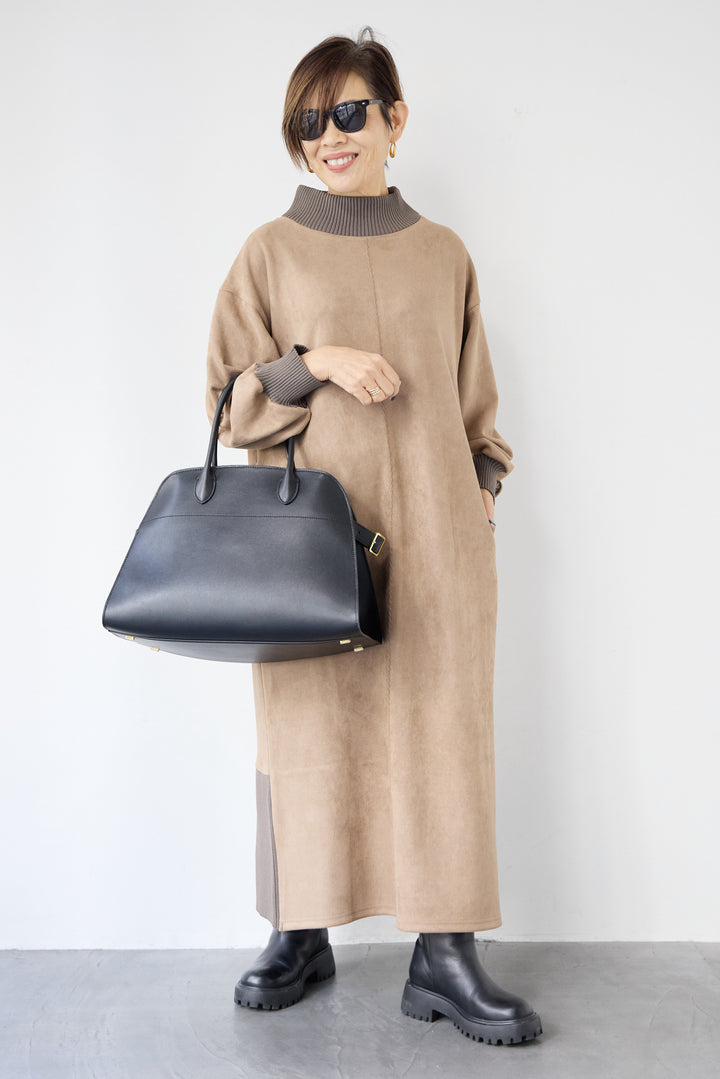 スエード×リブモックネックワンピース