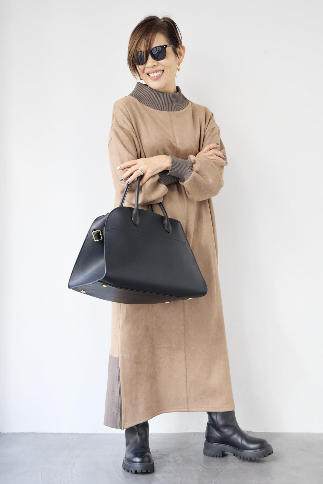 スエード×リブモックネックワンピース