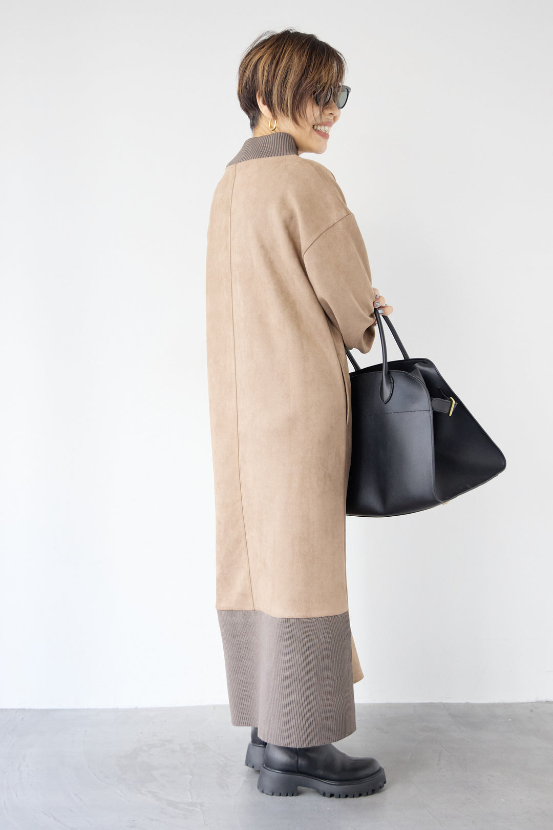 スエード×リブモックネックワンピース