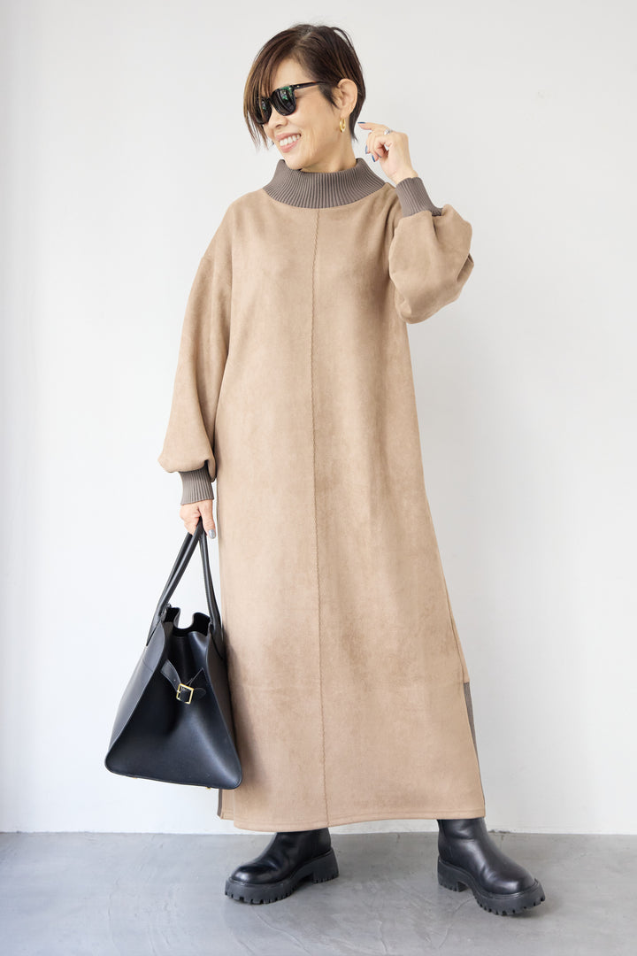スエード×リブモックネックワンピース