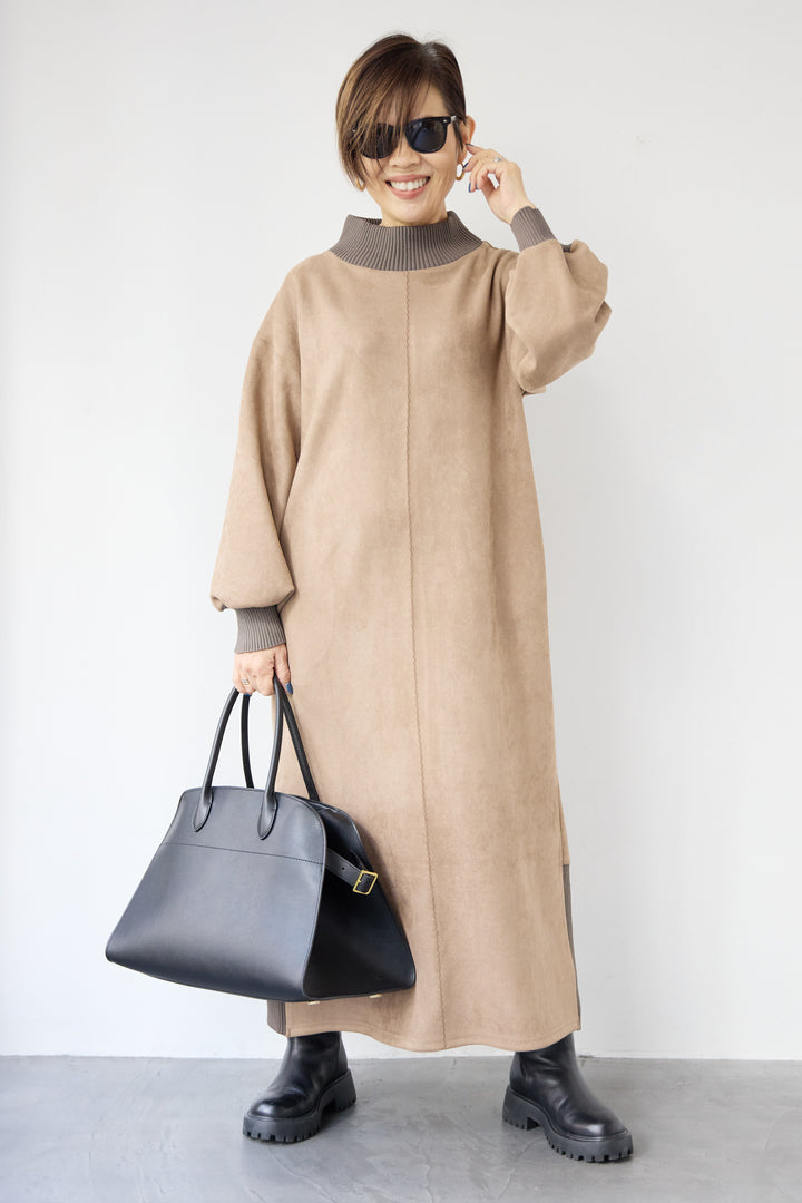 スエード×リブモックネックワンピース