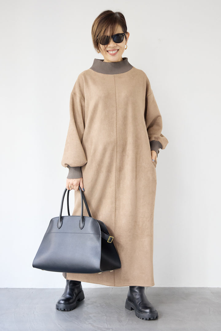 スエード×リブモックネックワンピース