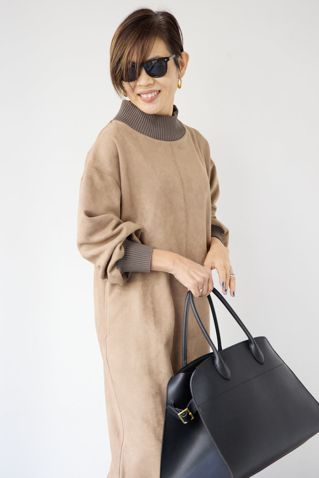 スエード×リブモックネックワンピース