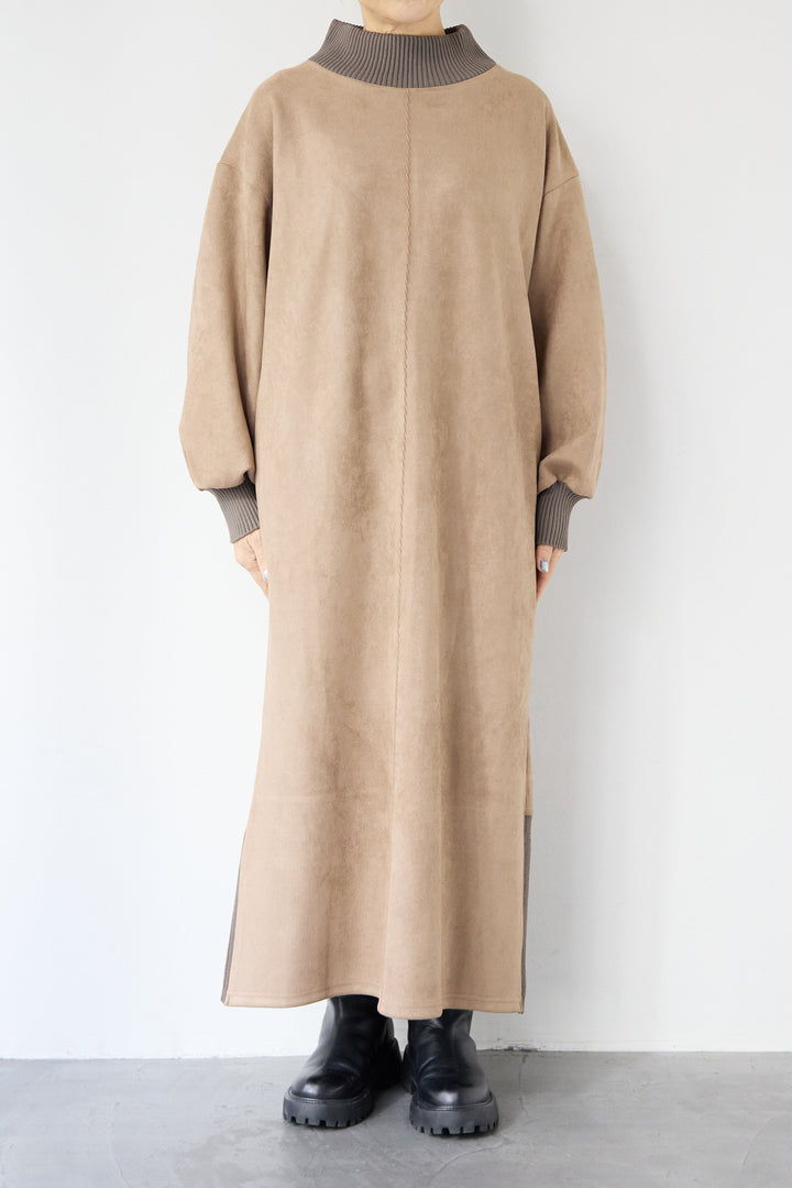 スエード×リブモックネックワンピース