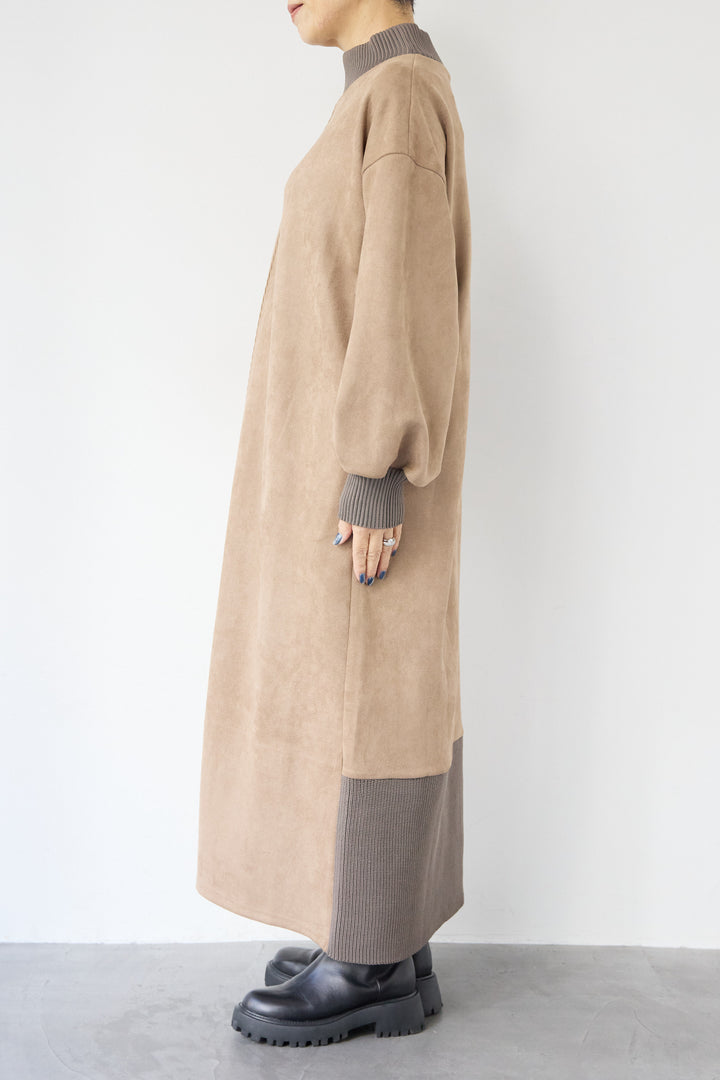 スエード×リブモックネックワンピース