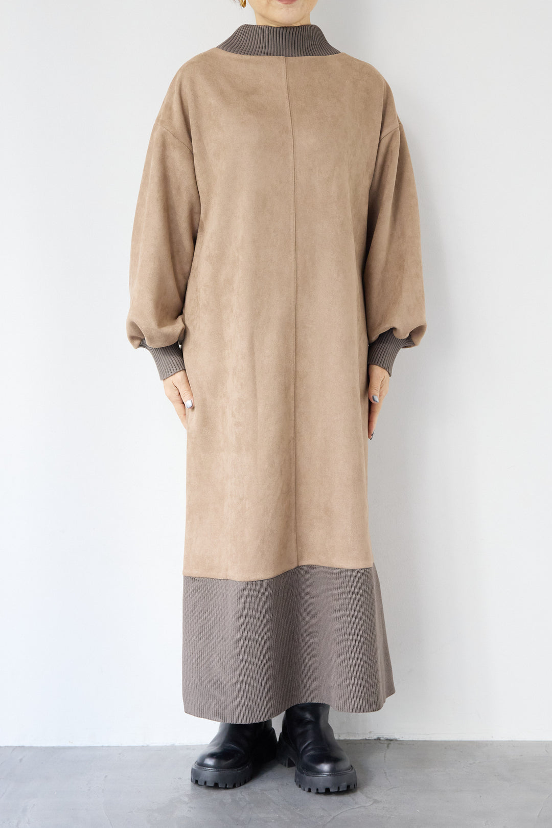 スエード×リブモックネックワンピース