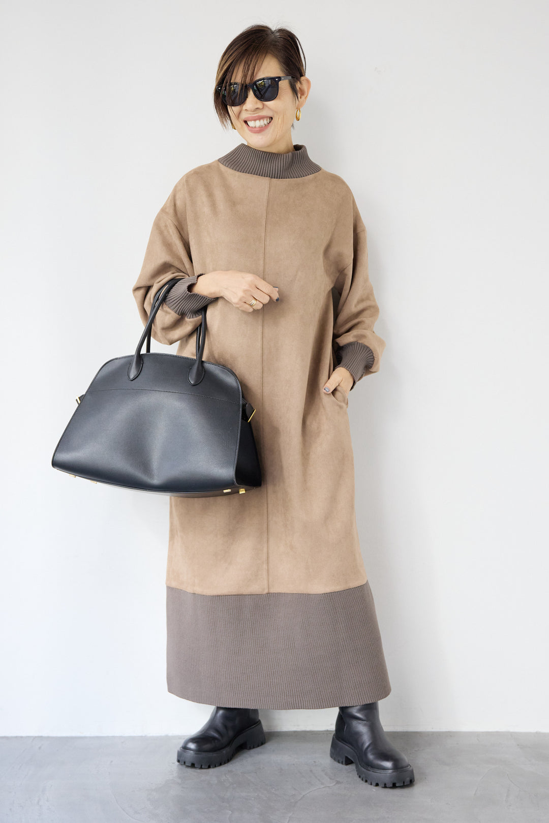 スエード×リブモックネックワンピース