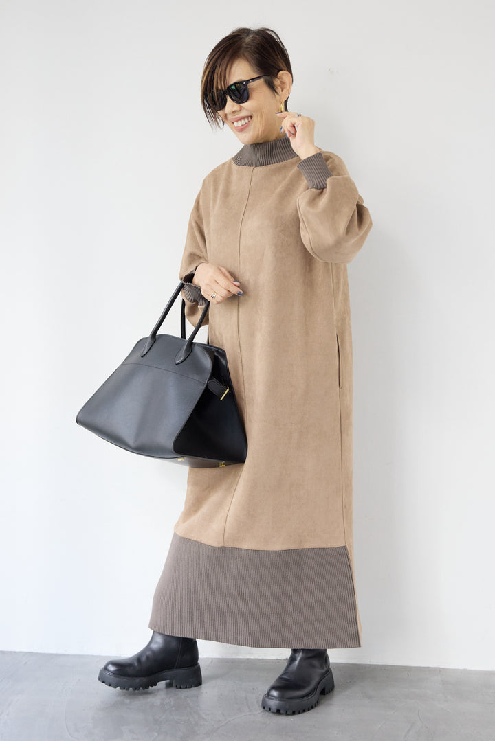 スエード×リブモックネックワンピース