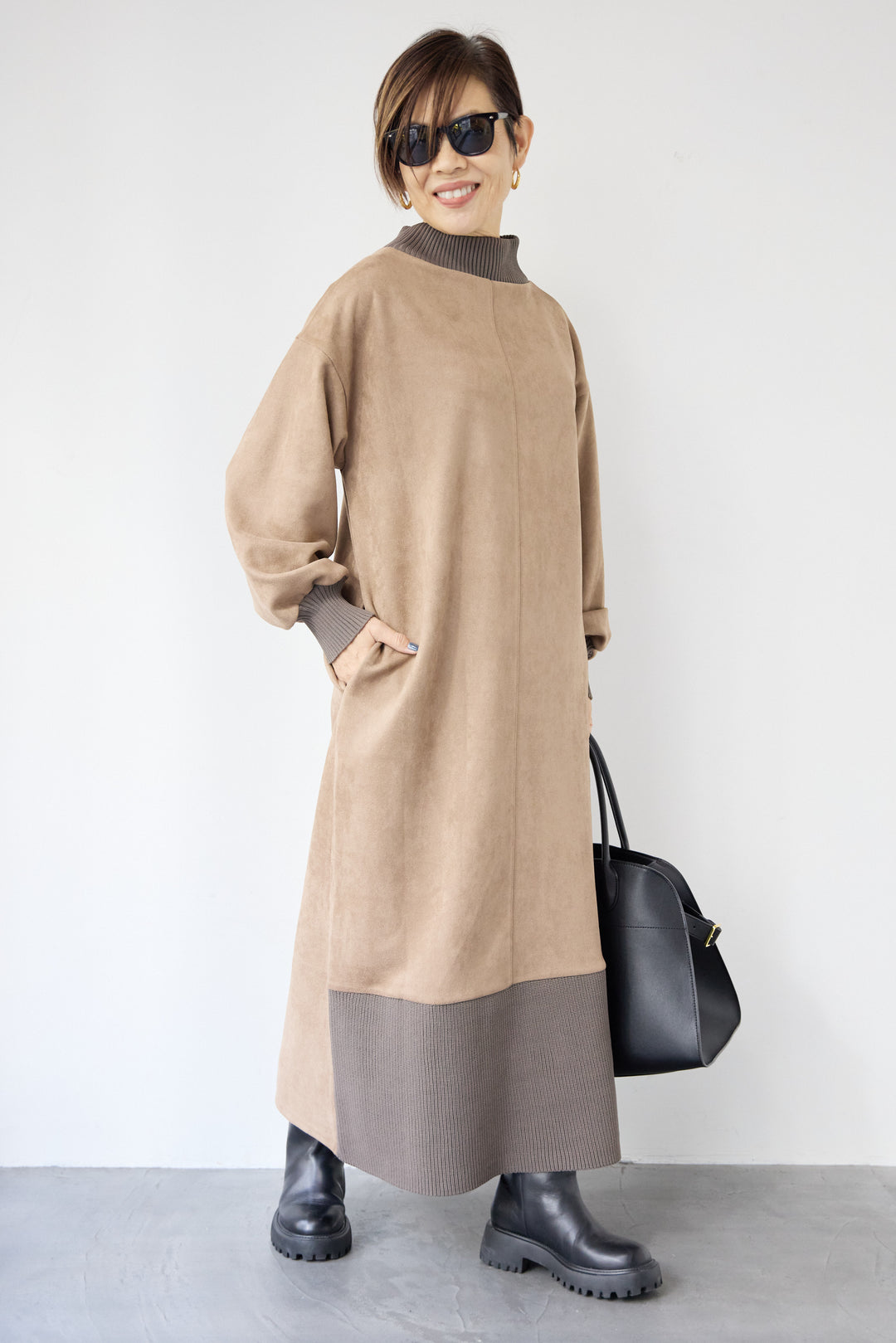 スエード×リブモックネックワンピース