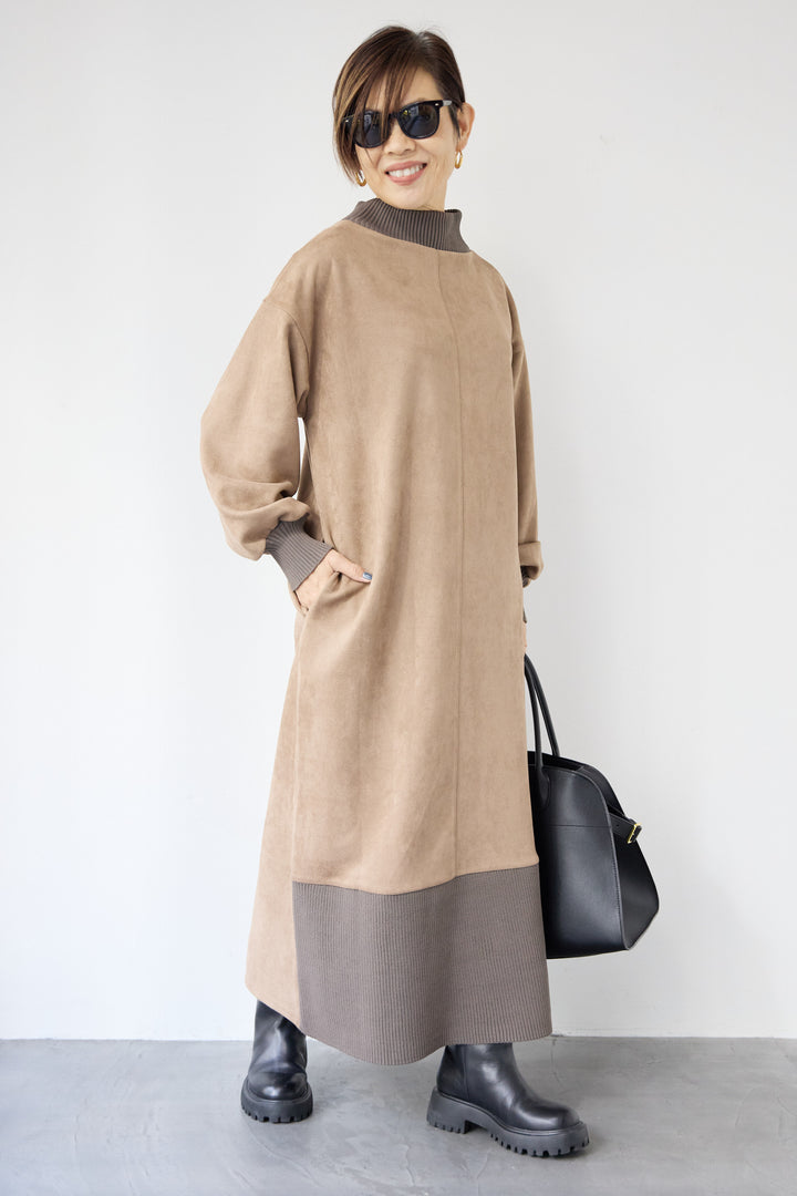 スエード×リブモックネックワンピース