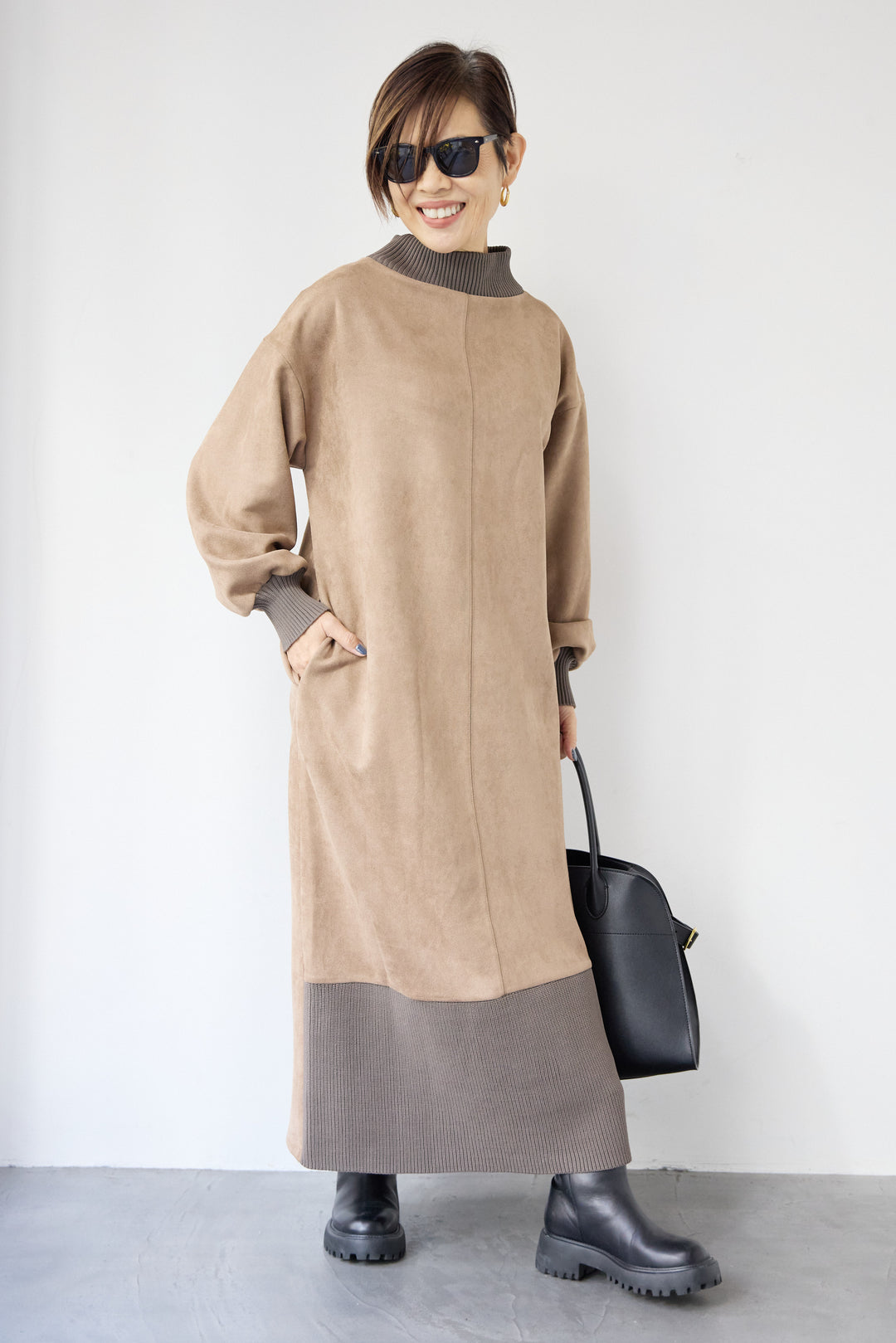 スエード×リブモックネックワンピース