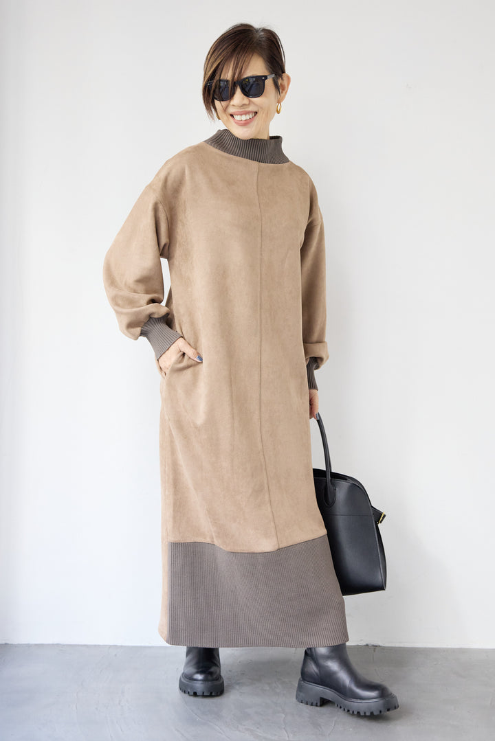スエード×リブモックネックワンピース