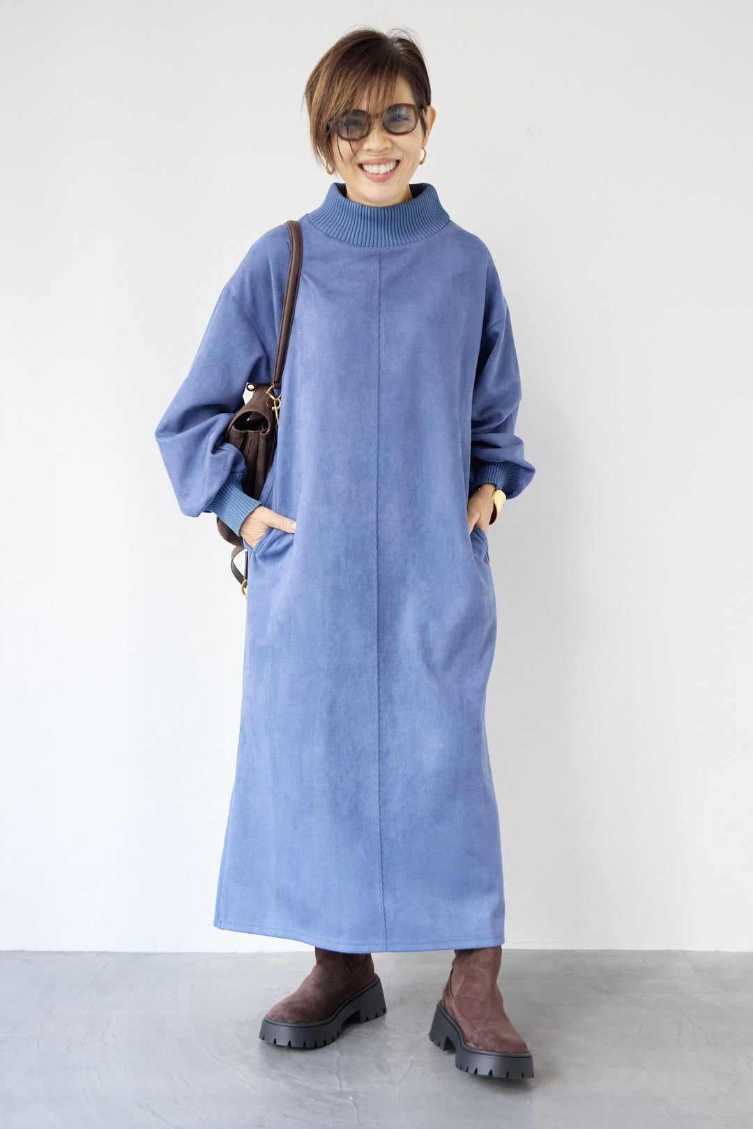 スエード×リブモックネックワンピース