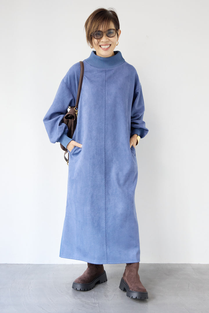 スエード×リブモックネックワンピース