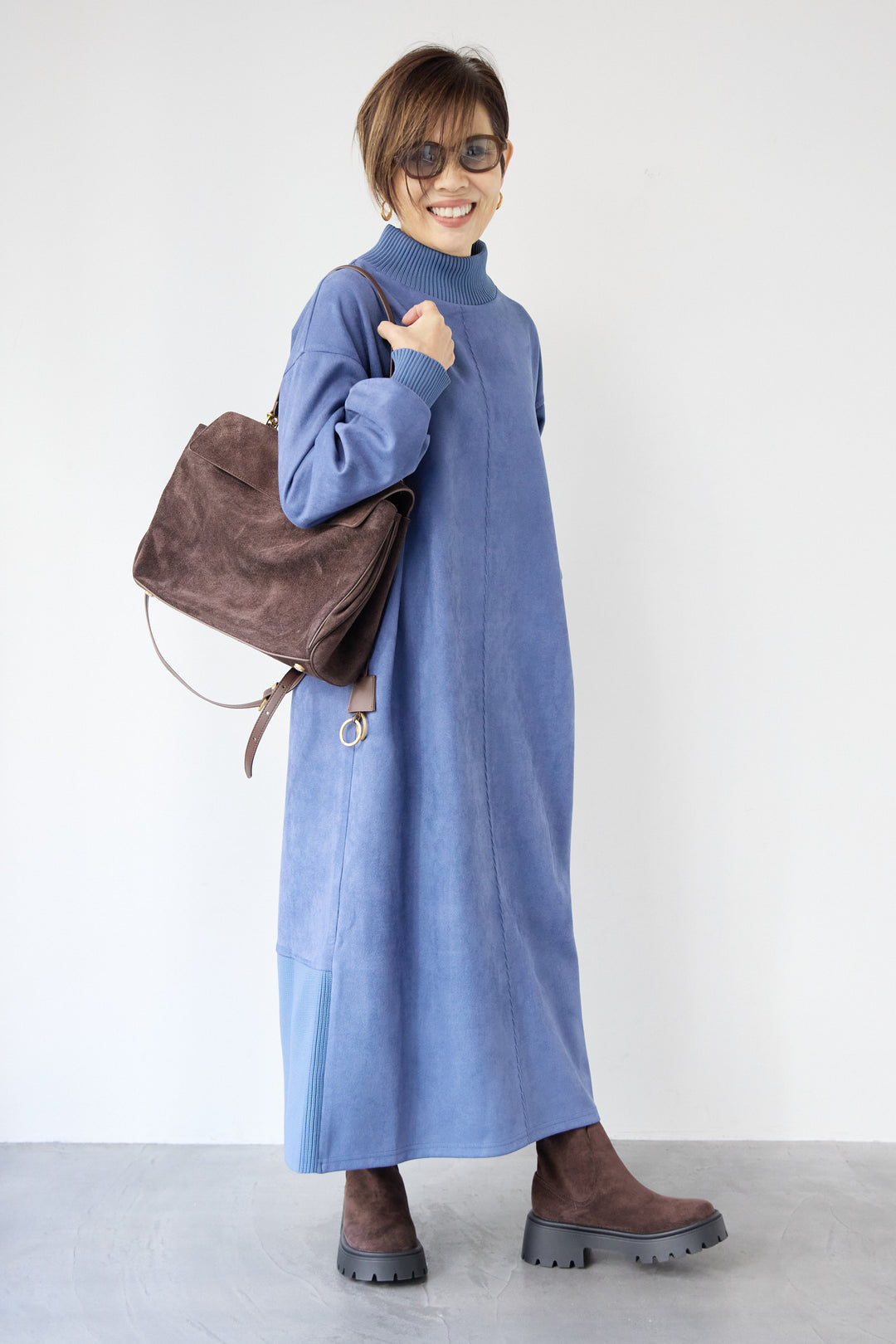 スエード×リブモックネックワンピース