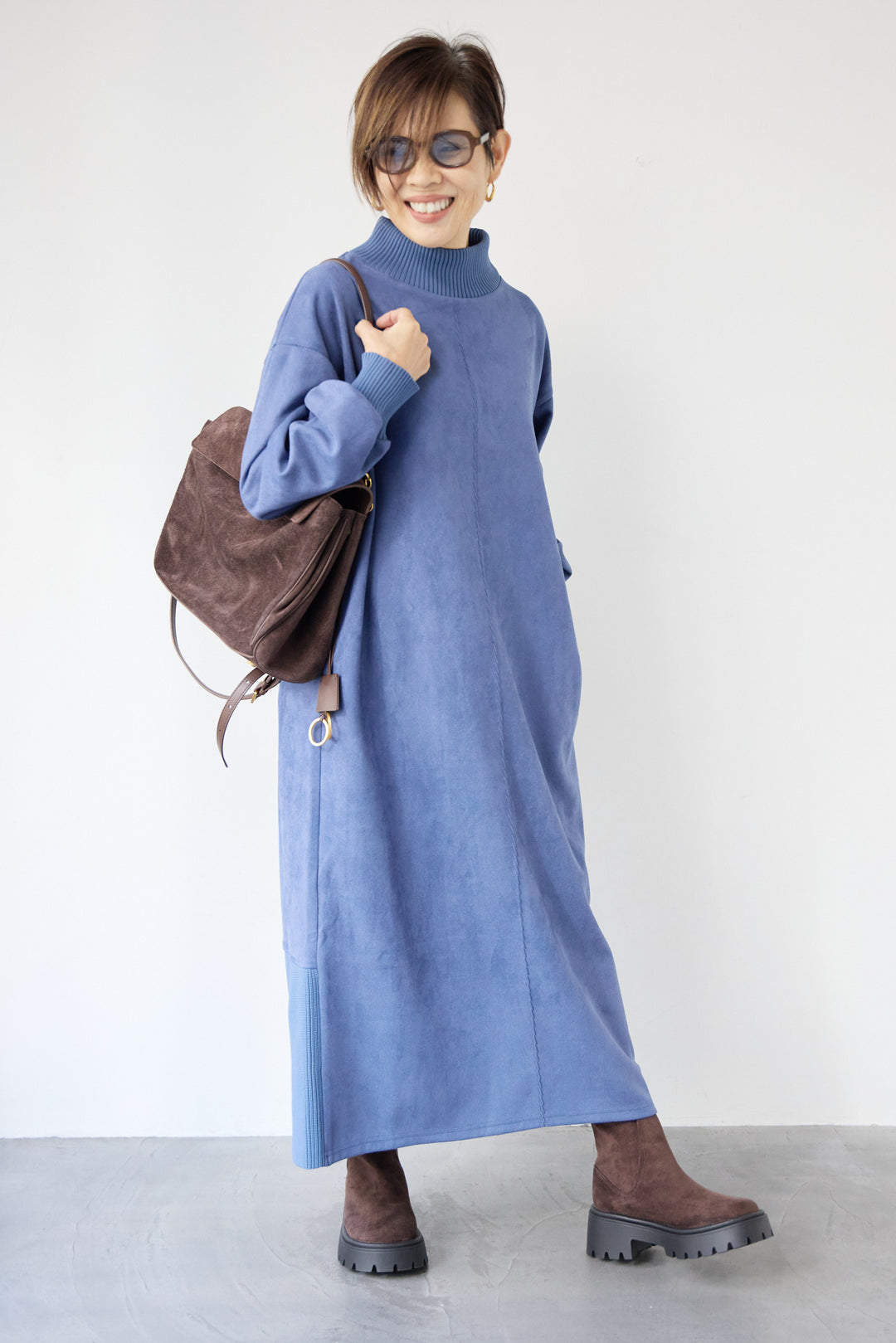 スエード×リブモックネックワンピース
