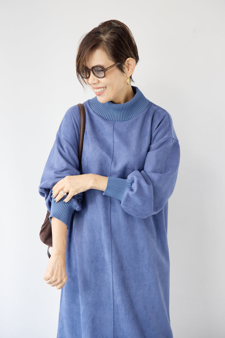 スエード×リブモックネックワンピース