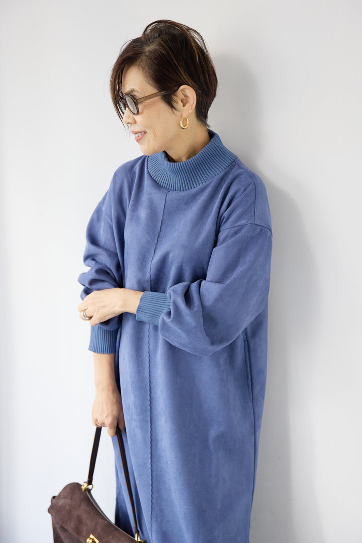 スエード×リブモックネックワンピース