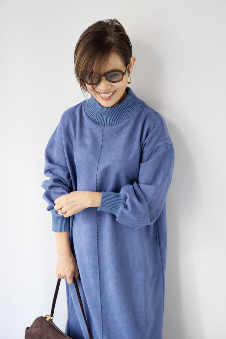 スエード×リブモックネックワンピース