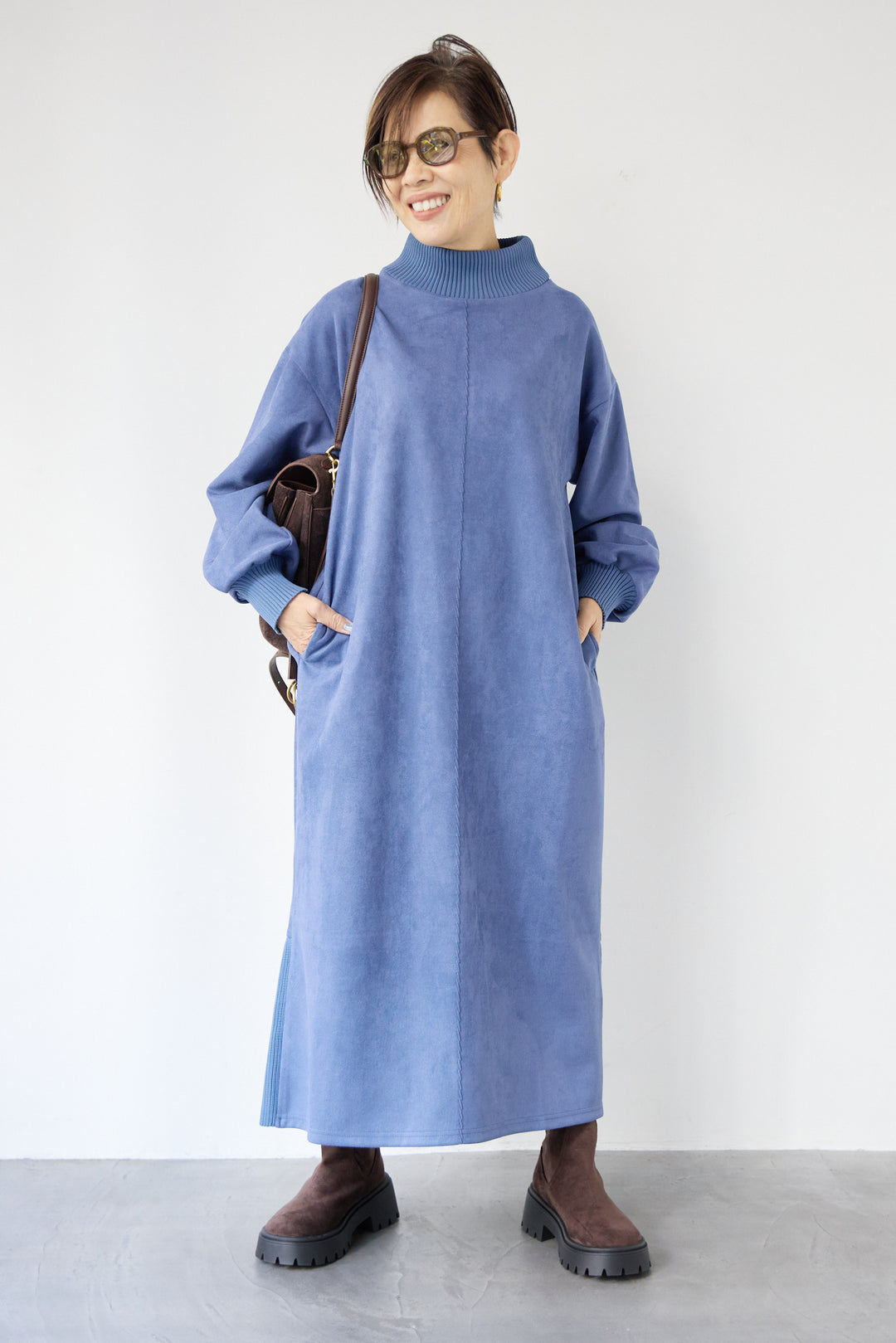 スエード×リブモックネックワンピース