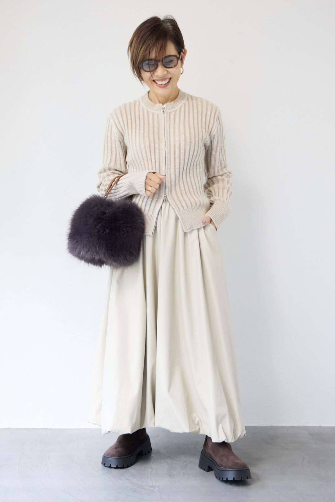 ウール混リブニットジップカーディガン