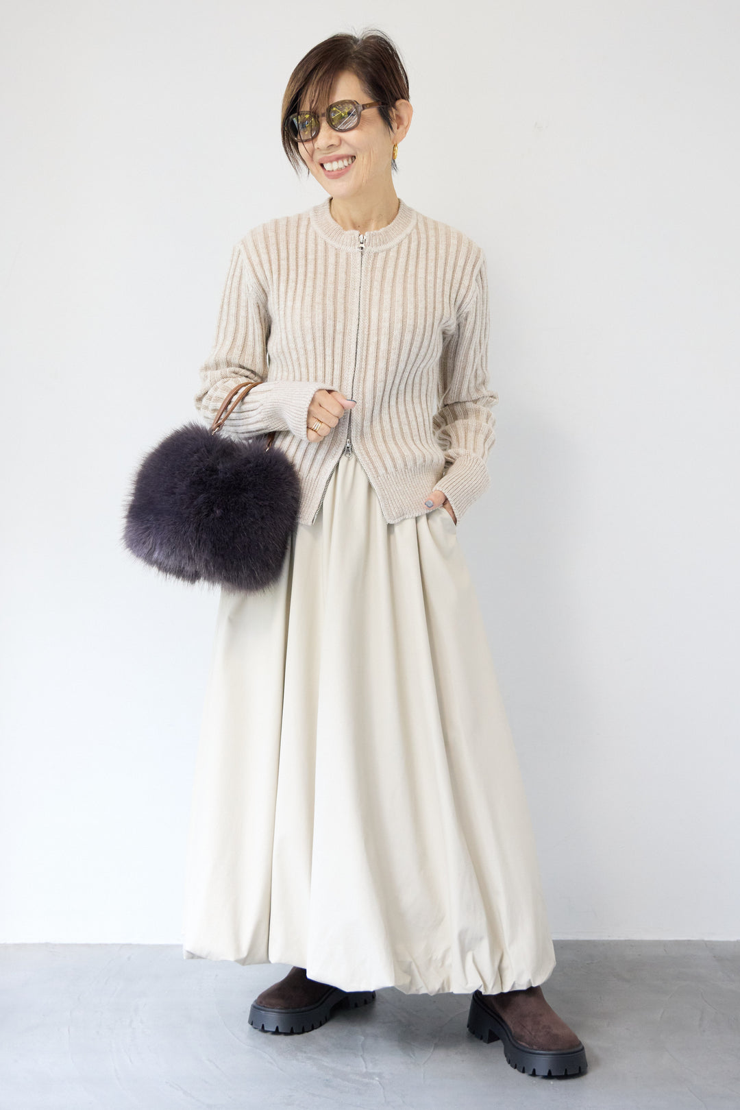 ウール混リブニットジップカーディガン