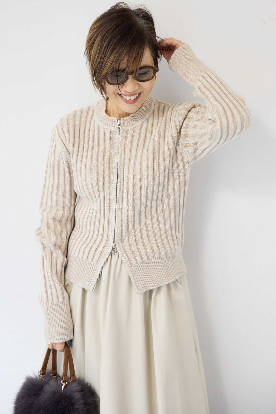 ウール混リブニットジップカーディガン