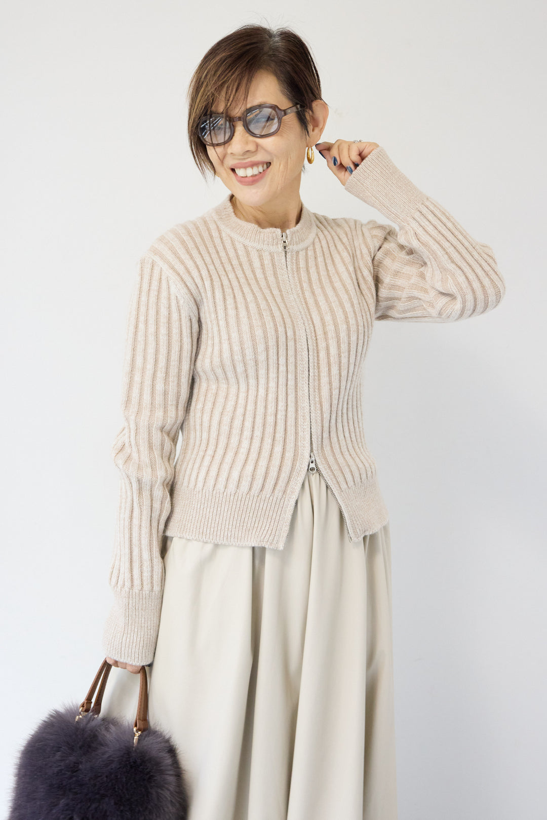 ウール混リブニットジップカーディガン