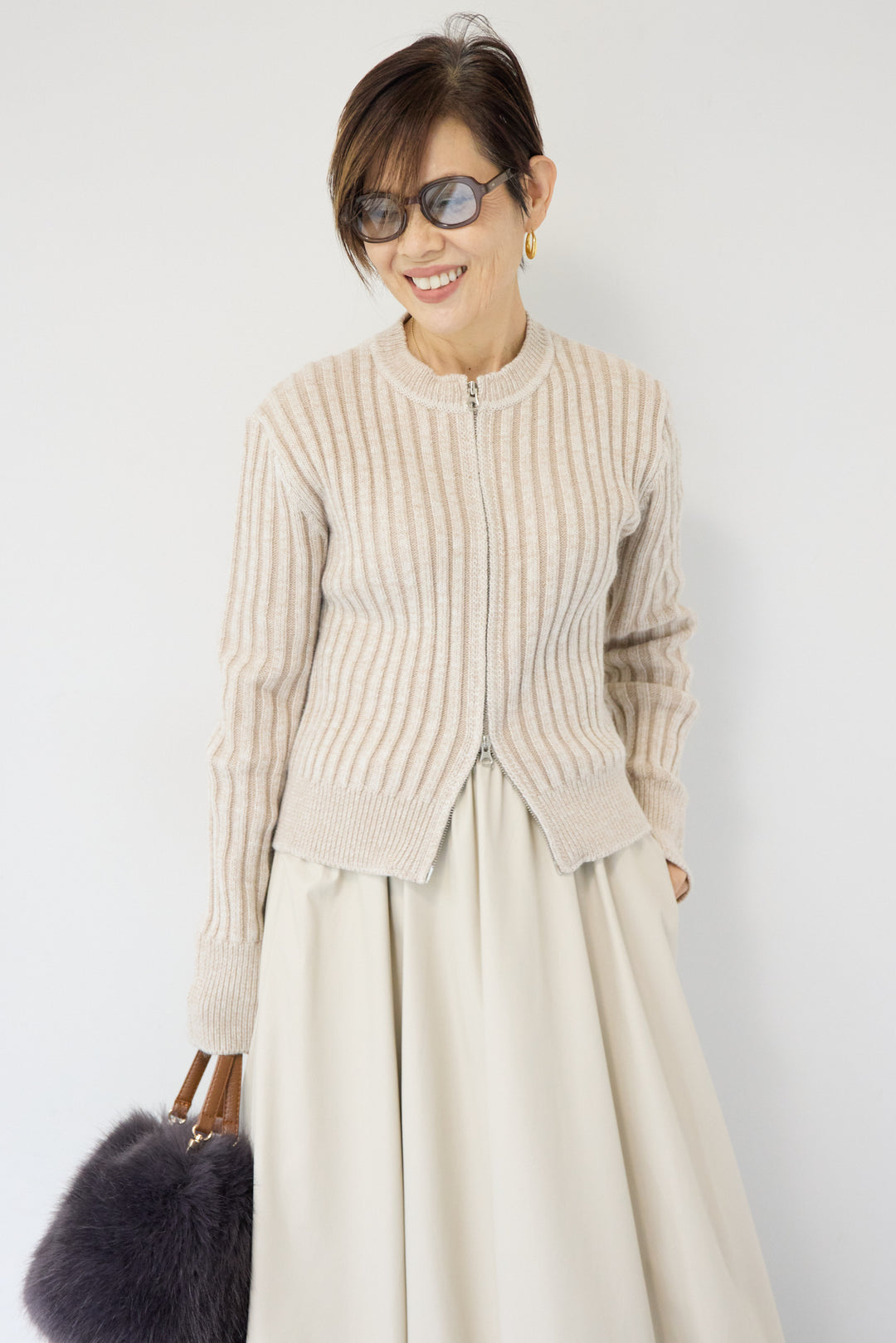 ウール混リブニットジップカーディガン