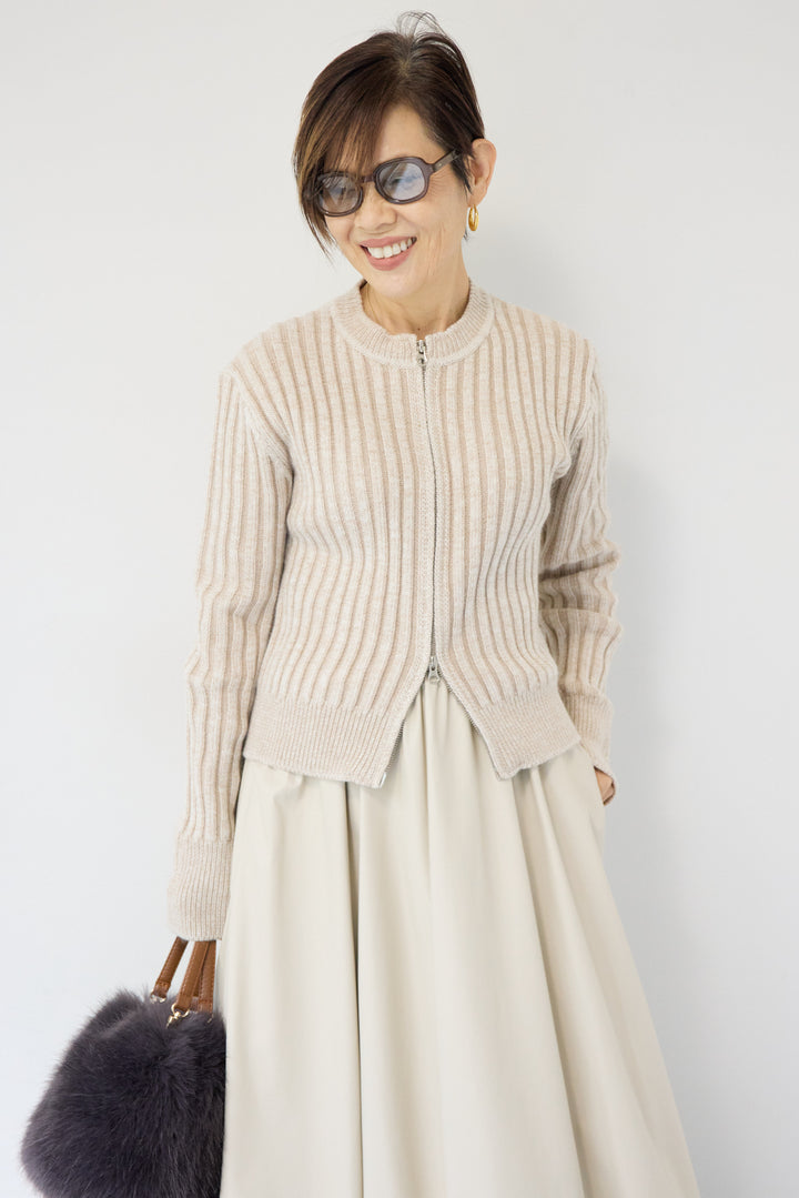 ウール混リブニットジップカーディガン