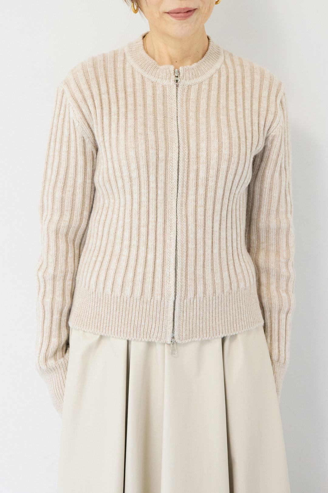 ウール混リブニットジップカーディガン