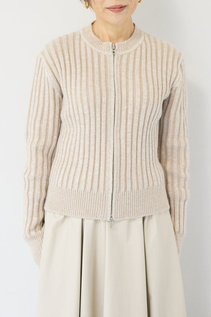 ウール混リブニットジップカーディガン