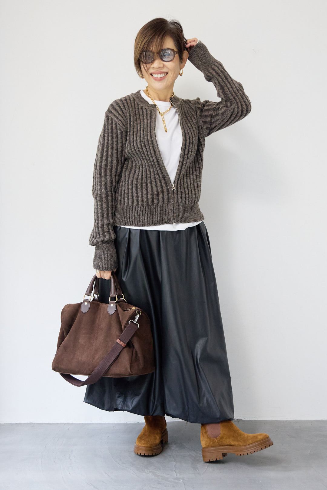 ウール混リブニットジップカーディガン