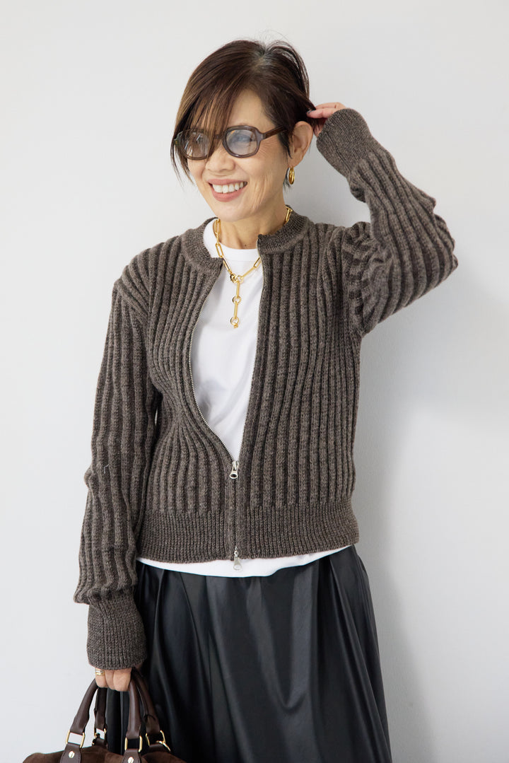 ウール混リブニットジップカーディガン
